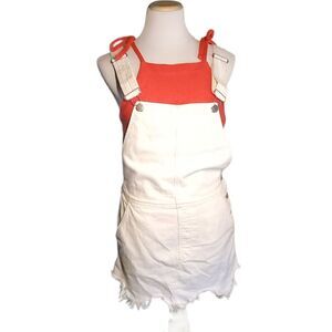 Free People Distressed Sharkbite Skirtall White Denim Overalls Size 0